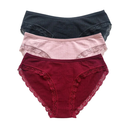 3Pcs/Set Cotton Panties Women Lace Trim Briefs Female Underpants Solid Color Soft Underwear Sexy Lingerie Intimates M-XL