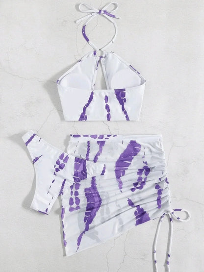 3 Pieces Thong Bikini 2026 Women Halter Swimwear Female Swimsuit With Skirt Beach Wear Printed Bathing Suit Summer Swimming