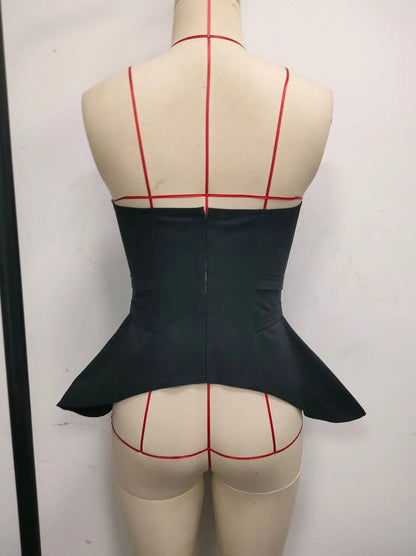 Sexy Strapless Waist Cinching Vest Women Black Ouble Metal Buckle Unique Woven Slimming Shaping Fishbone Ruffles Tank Tops