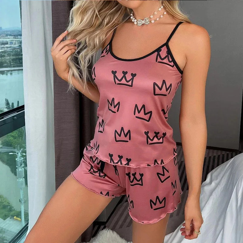 Summer Y2K Cute Cartoon Crown Print Sleepwear Women 2Pcs Crop Top and Shorts Pajamas Set Loungewear Sexy Pyjamas