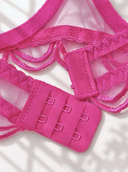 Sexy Women Bra Set Rose Red Mesh Lingerie Three-point Intimate Underwear Bow Underwire Bralette Crotchless Thong Lingerie Set
