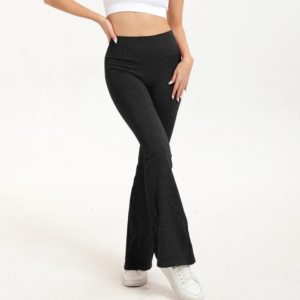 STOUREG Flared Yoga Pants for Women, High Waisted Ribbed Bootcut Leggings, Solid Color Seamless Fitness Trousers