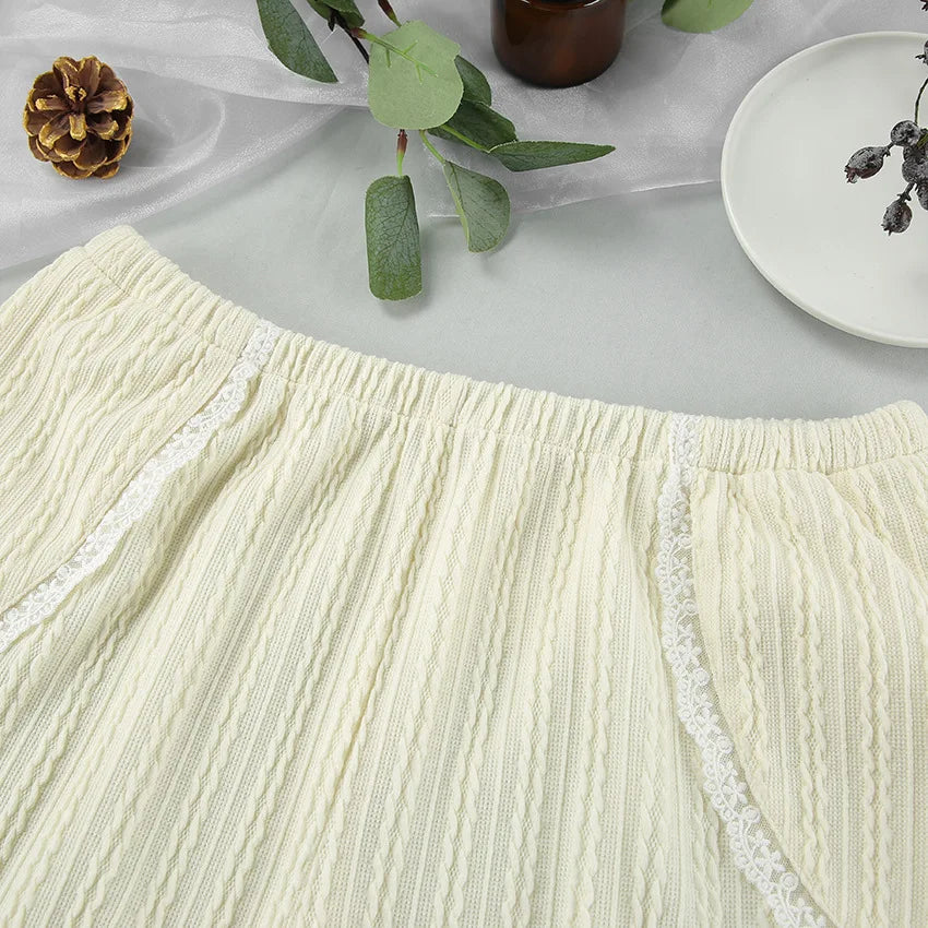 Lace Trim Ruffle Hem U-Neck Strap Cable Textured Cami &amp; Casual Shorts Loungewear Summer Pajamas Set Women Sleepwear