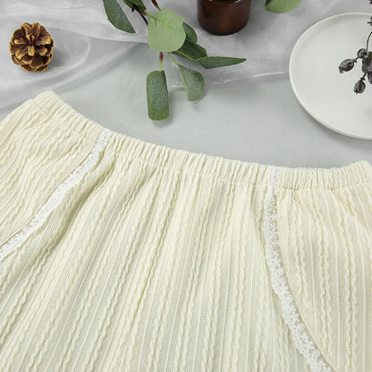 Lace Trim Ruffle Hem U-Neck Strap Cable Textured Cami &amp; Casual Shorts Loungewear Summer Pajamas Set Women Sleepwear