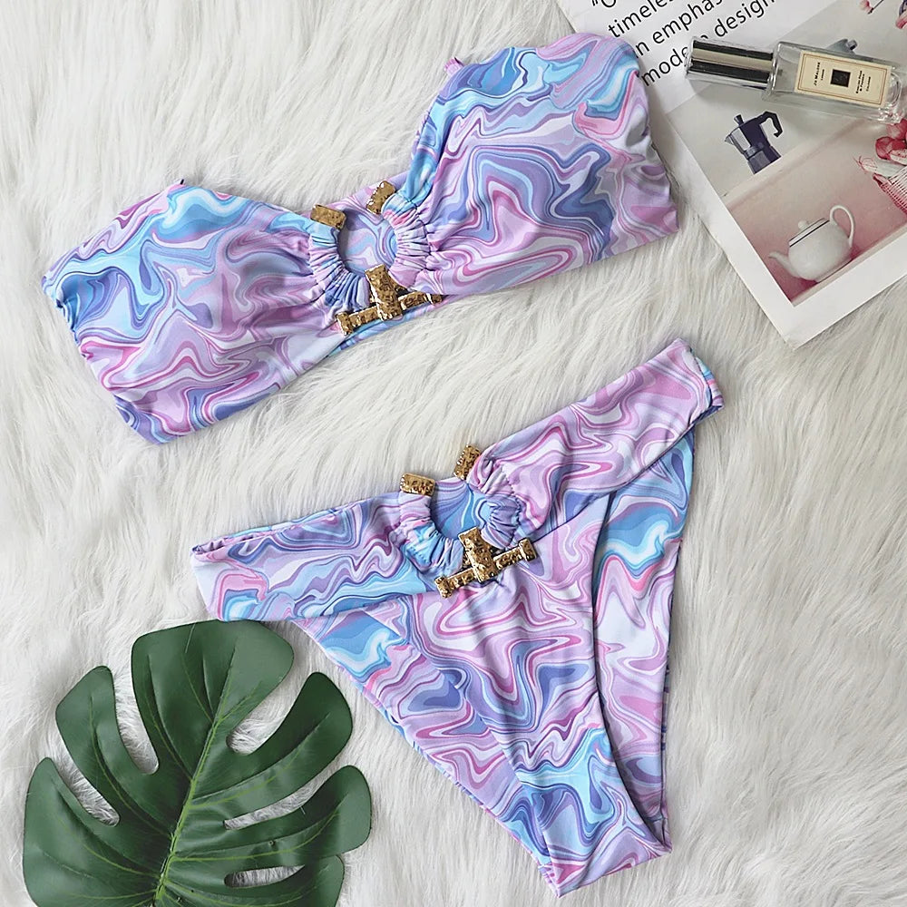 DEKA Bandeau U-Neck Metal Bikini Set Push Up Padded Cup Swimwear Women Solid Swimsuit Beachwear Water Swiminmg Bathing Suit