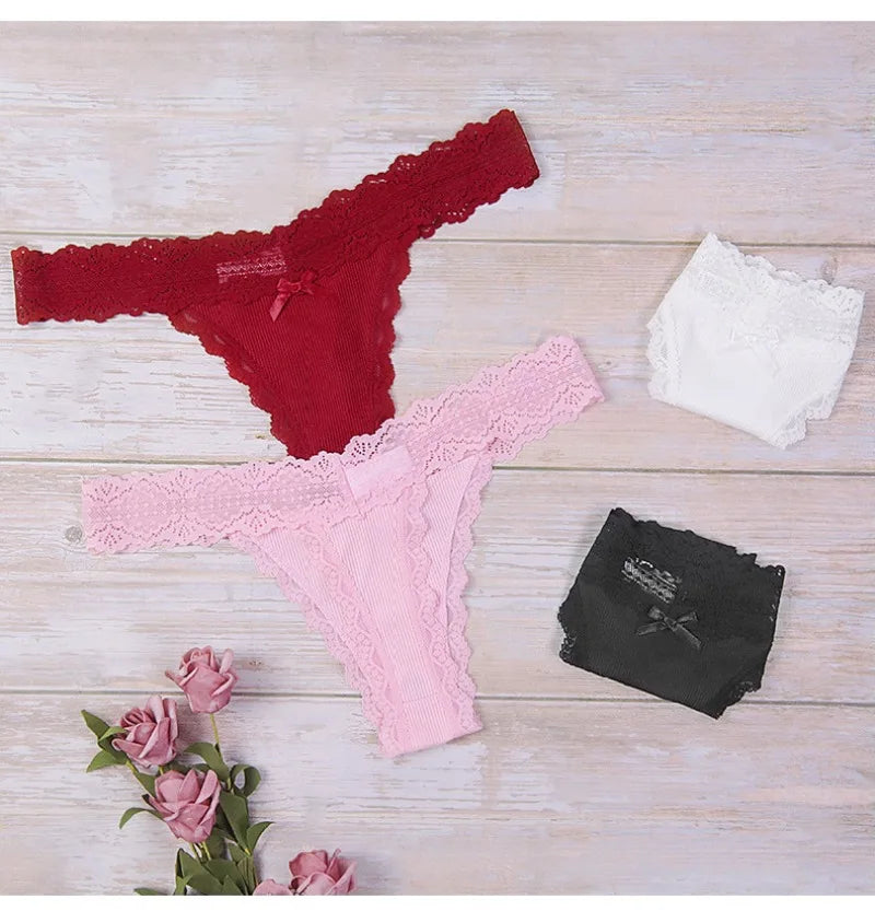 1pcs Low Waist Sexy Lace Elegant Lady Thongs Underwear Solid Breathable Sexy Lingerie Floral Female Panties Bow Women&