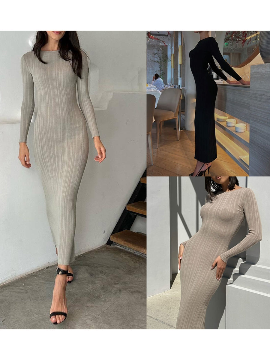 Women Spring Autumn Solid Color Bodycon Knit Dress Long Sleeve Crew Neck Ribbed Dress Slim Fit Long Dress