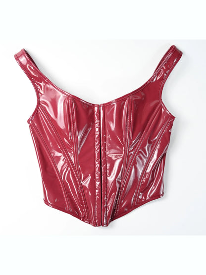 Glossy Patent Leather Bustier with Adjustable Straps &amp; Hook Front Closure, Vintage Steampunk Shapewear for Waist Training