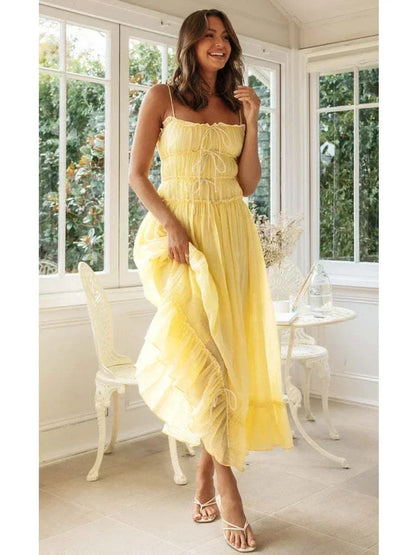 Foridol Spaghetti Strap White Sundress Flounced Edge Women&