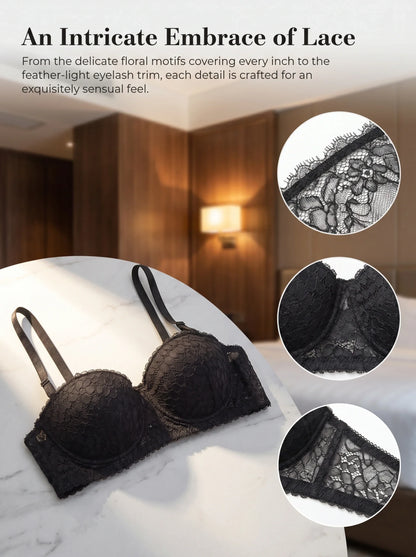 Women Black Lace Bra Half Cup Sexy Floral Embroidery Eyelash Trim Sensual Underwear Push Up Balconette Lingerie A3115
