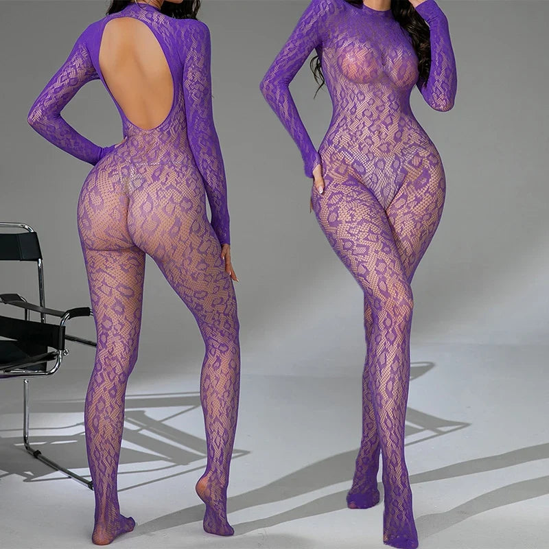 New Erotic Fishnet Bodystocking Purple Temptation Pajamas Women&