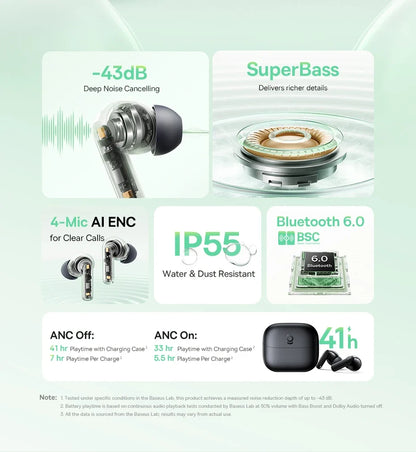 Baseus Bass EP10 NC -43dB Noise Cancelling ANC True Wireless Earbuds Bluetooth 6.0 In-Ear Wireless Earphones 4-Mics ENC Ear buds