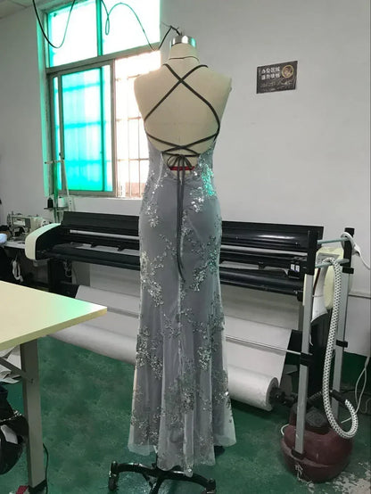 Women Dresses Sleeveless V Neck Pullover Sequins Party Dress Vestidos Formal Floor Length Sexy Wrap Breast Backless Slim