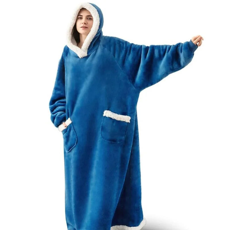 New 120/150cm Winter Thick Blanket Extra Plush Hoodie Lengthened Large Pocket Imitation Cashmere Home Coat Fleece TV Blanket 1pc