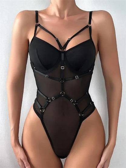 Womens Sleeveless Bodysuits Solid Color PU Leather Bandage Leotard Body Top See Through Mesh Tops