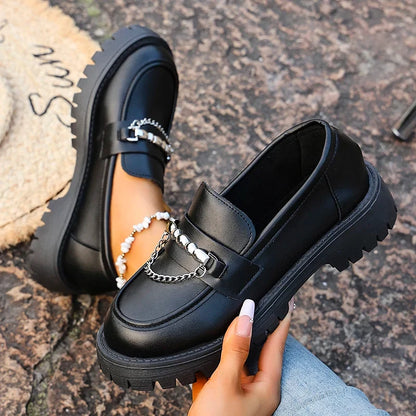 2025 Fashion Metal Chain Platform Loafers Women Thick Bottom Pu Leather Shoes Woman Slip On Black Student Shoes Plus Size 35-43