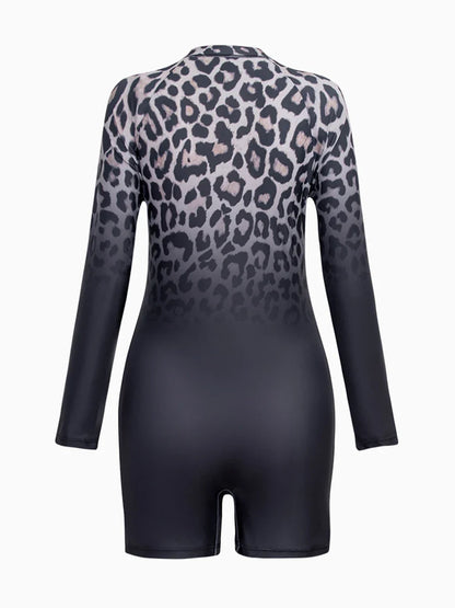 2026 Zipper Rushguard Long Sleeve Surfing Swimsuit Women One Piece Leopard Swimwear Female Bather Bathing Swimming Swim Suit XXL