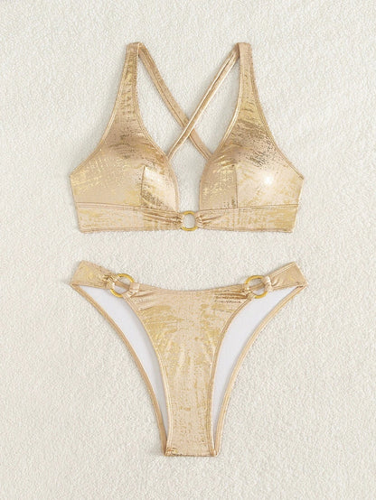 DEKA New Summer Gold Push Up Swimwear Brazilian Bikini Set Back-Crossed Backless Bikini Women Solid Split Waist Beach Vacation