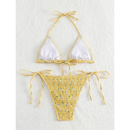 Sexy Tie Halter Floral Wrinkled Print Micro Bikinis Set High Waist Thong Swimwear Biquini Conjunto De Bikini Tankini Beachwear