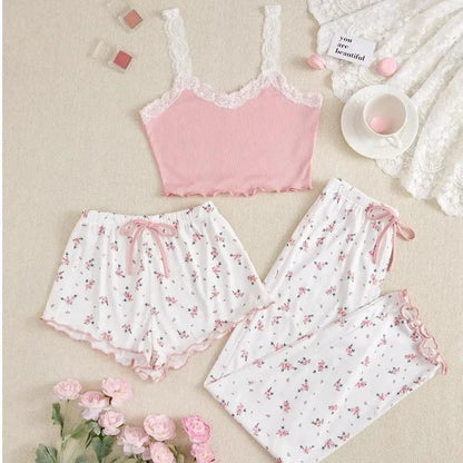 Women 2psc Pajama Set Pink Lace Patchwork V-Neck Sleepwear Sexy Nighties Suit Cami Top Printed Shorts Soft Pyjamas Loungewear