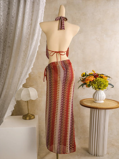 Sexy Coffee Striped Bikini Set 2026 Women Cover Up+Long Skirt 4 Piece Swimsuit Summer Bathing Suit Holiday Swimwear Biquini