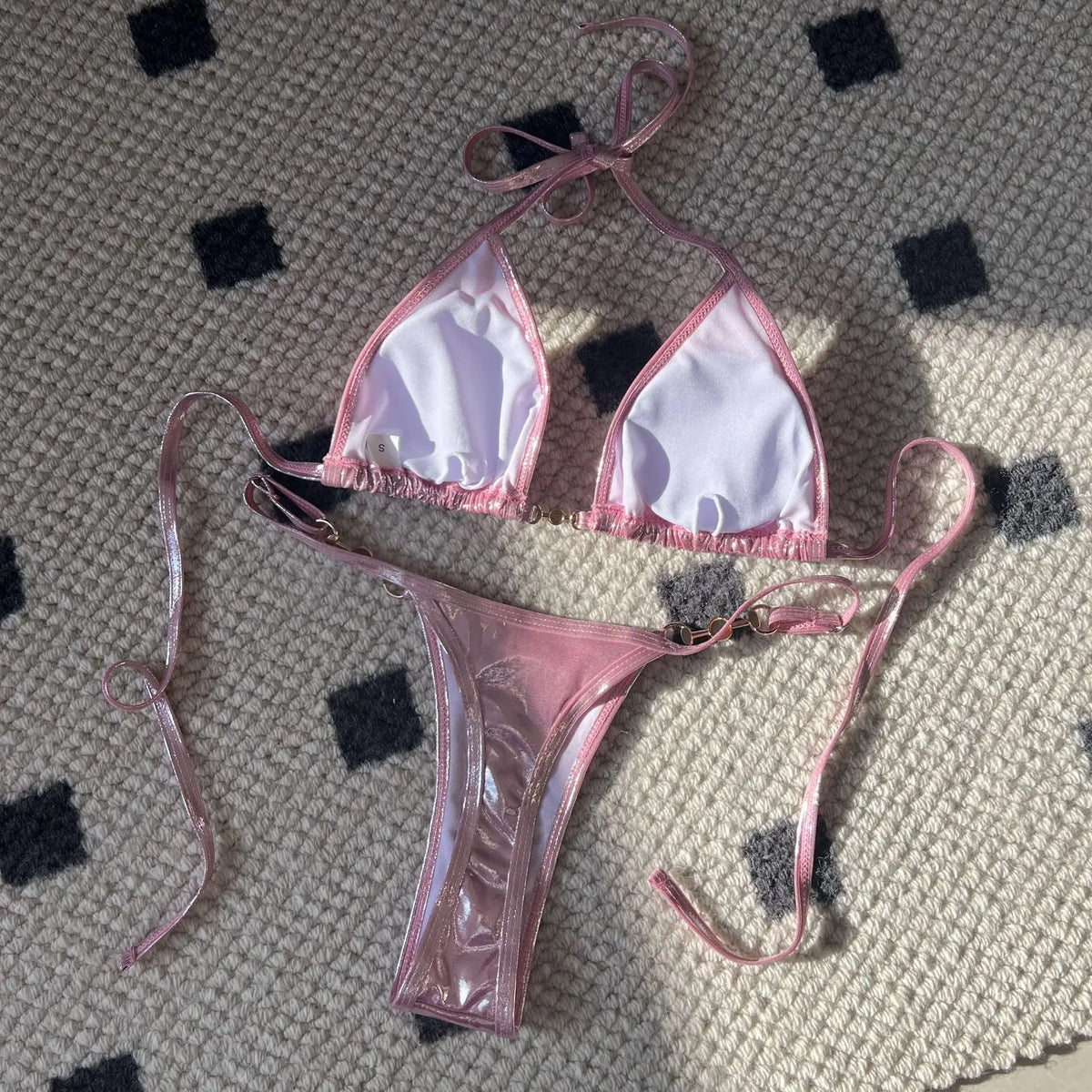 DEKA Sexy Brazilian Shiny Pearl Micro Bikini Faux Leather Swimwear Women Thong Swimsuit Halter Triangle Bikini Set Bathing Suit
