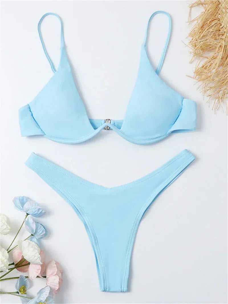 Sexy Underwire Bikini 2026 Mujer Women Solid Red Push Up Bra Thong Swimsuit Haler V Neck Bathing Suit Mini Micro Thong Swimwear