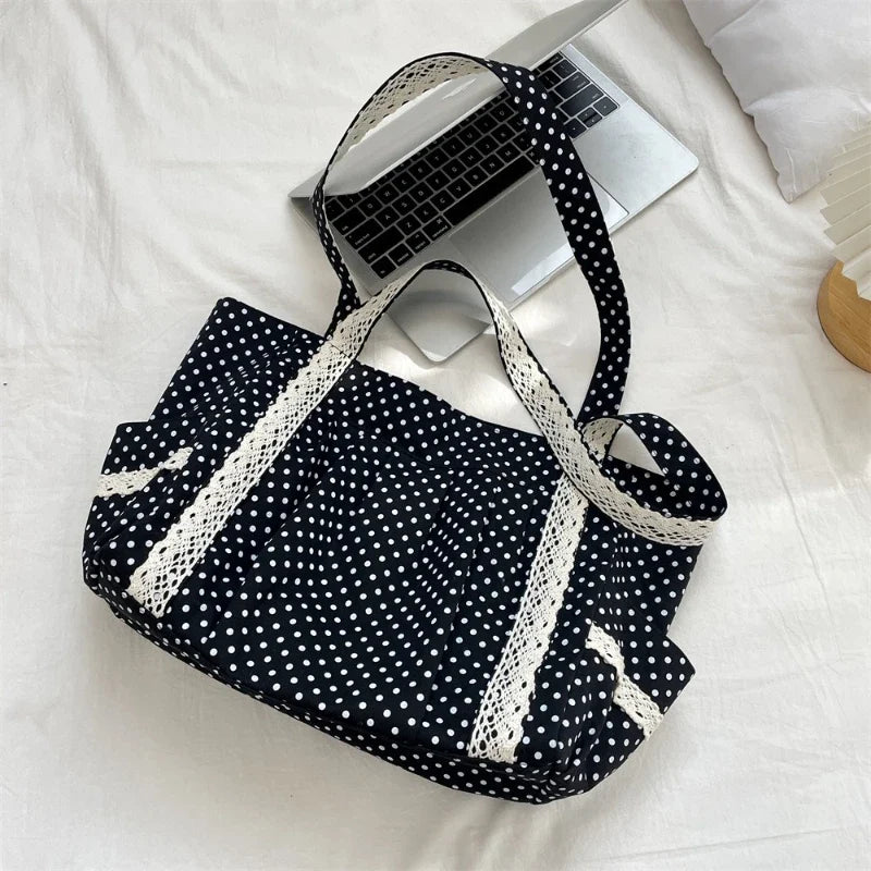 Sweet Lace Shoulder Bag Korean Style Canvas Tote With Polka Dot Pattern Large Capacity And Multi Pocket