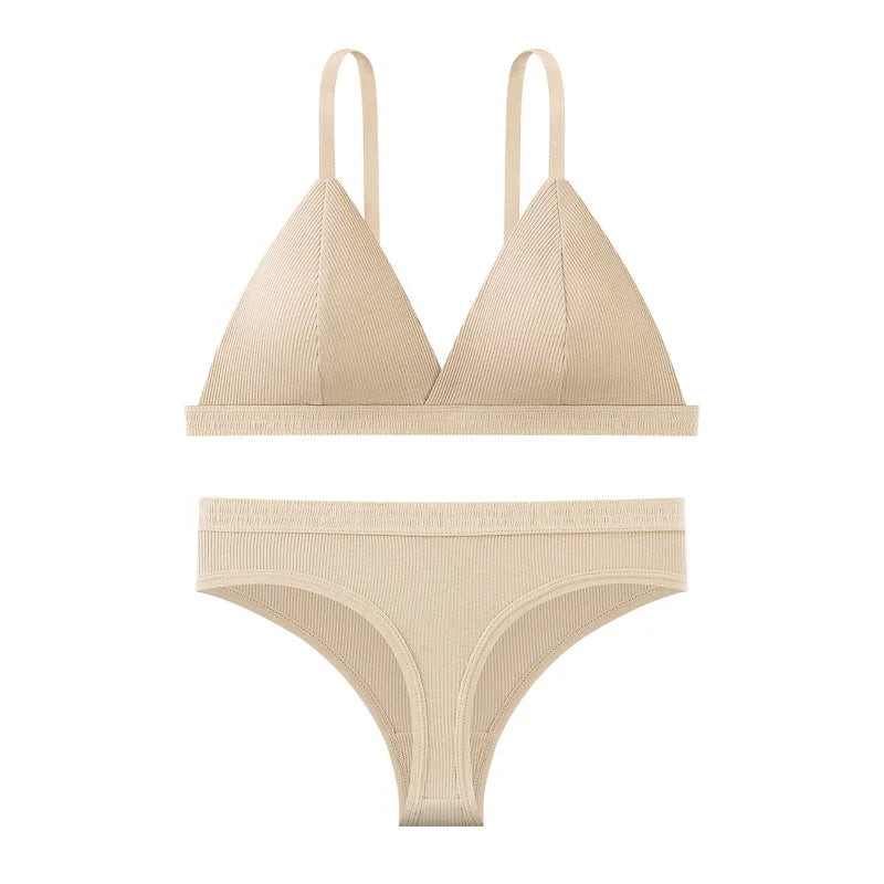 Women Cotton Bra and Panties Set Wireless Push-Up Bra Low-Waist Thongs G-string Sexy Lingerie Women&