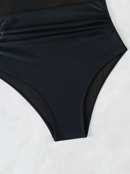 Sexy Black One Piece Swimsuit 2026 Women Mesh Patchwork Transparent Tummy Control Swimwear Bathing Suit See Through Monokini