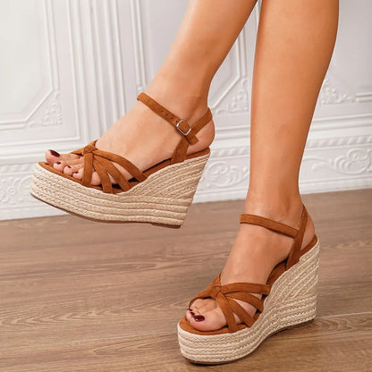 Leisure Comfy Walk Big Size 43 Summer Platform Espadrilles Sandals Women Ankle Strap Sandal 11.5cm Super High Heels Wedges Shoes