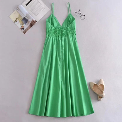 Foridol Elastic Smocking Green Cotton V Neck Summer Women&