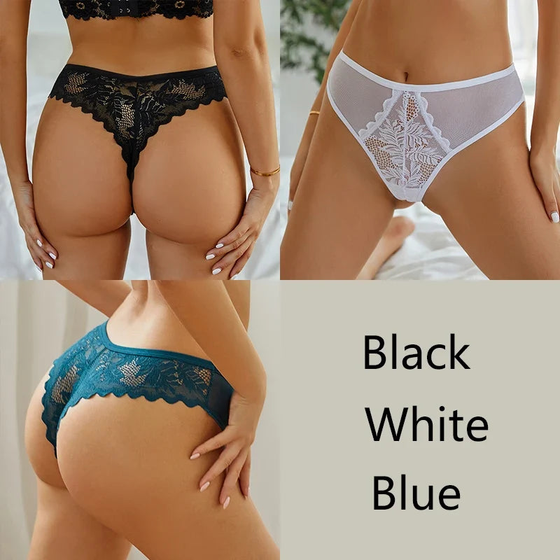 3-Piece Lace Thong Set for Women — Sexy Low-Rise G-String Panties
