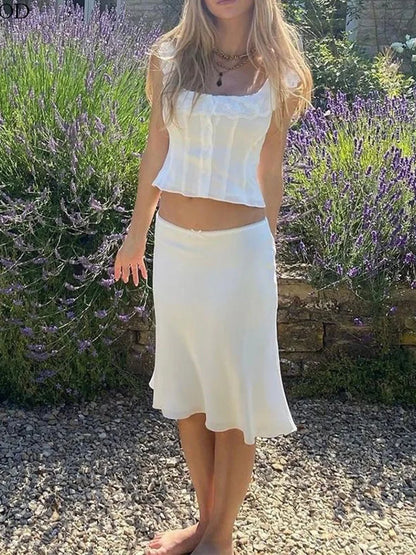 Foridol White Lace Summer Women Set Sleeveless Crop Top+midi Skirt Outfits 2025 Beach Holiday Chic Vintage Sundress Dress Set
