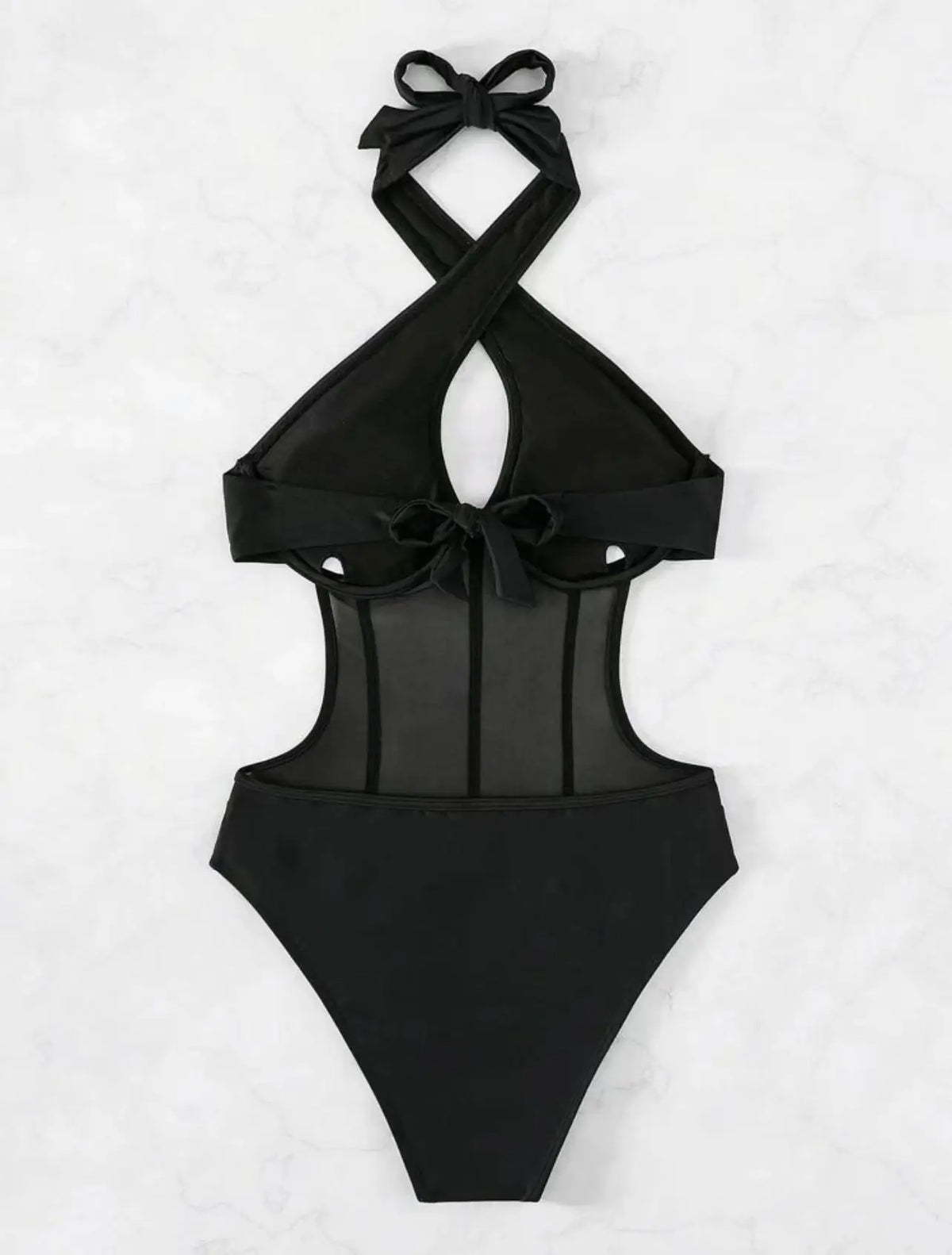 One Piece Bikini Women 2026 Grenadine Solid black Cross Bandage Hollow Out Swimwear Beach Backless Bathing Suit Monokini