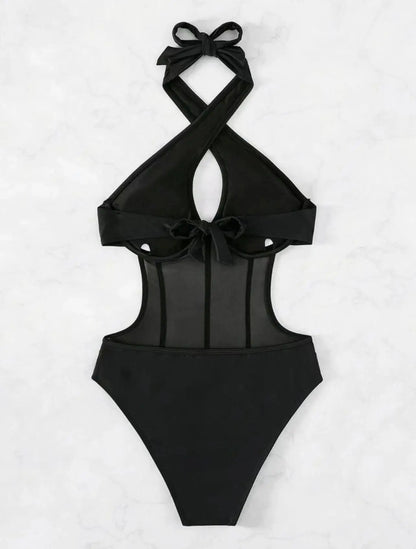 One Piece Bikini Women 2026 Grenadine Solid black Cross Bandage Hollow Out Swimwear Beach Backless Bathing Suit Monokini
