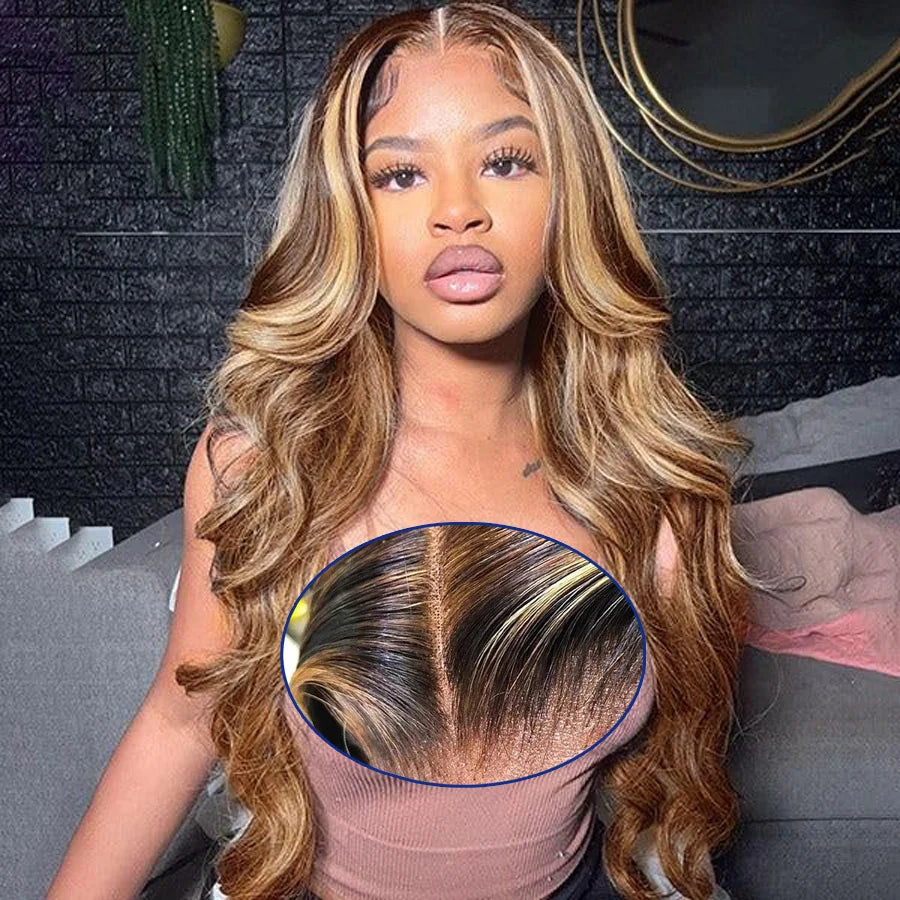 P4/27 Highlight Body Wave 40 Inch Long-length &amp; 200% High Density Human Hair Wigs HD Transparent Skin-melt Swiss Lace Frontal Wig