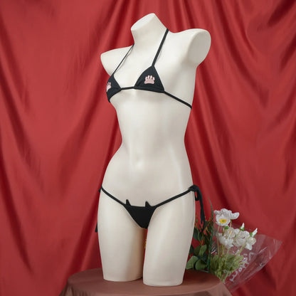 Japanese Kawaii Sexy Lingerie Women Bikini Set Cat Claw Printed Three Point Micro Bra and Panties Mini Swimsuit Bathing Suit