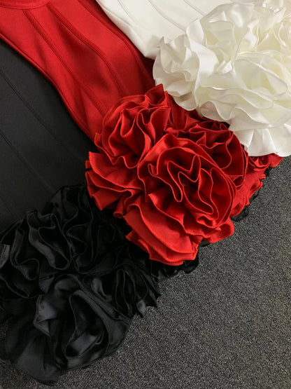 Real Photos Women New Bandage Dress Strapless Laced Up Back Flowers Hem Bodycon Mini Celebrity Evening Party Birthday Dresses