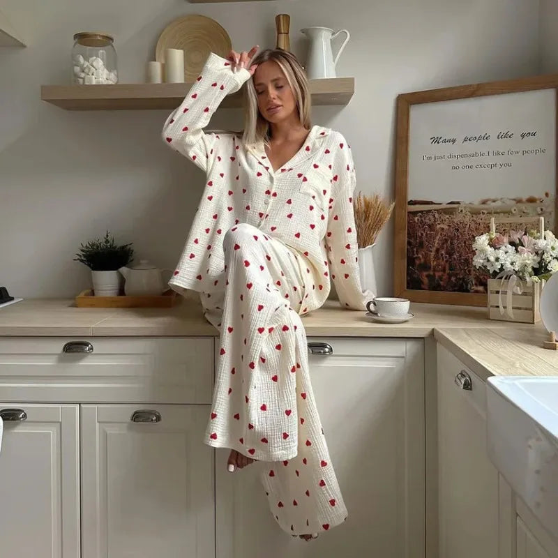 Summer New Love Heart Print Pyjama 100% Cotton Long Sleeve Set 2Pcs Outfit Lapel Sleepwear Button Down Women&