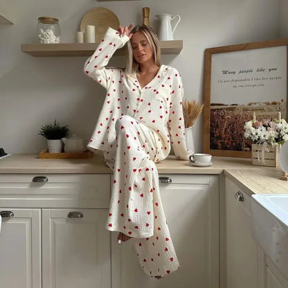 Summer New Love Heart Print Pyjama 100% Cotton Long Sleeve Set 2Pcs Outfit Lapel Sleepwear Button Down Women&