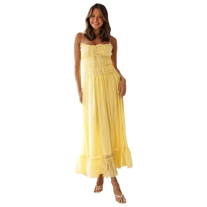 Foridol Spaghetti Strap White Sundress Flounced Edge Women&