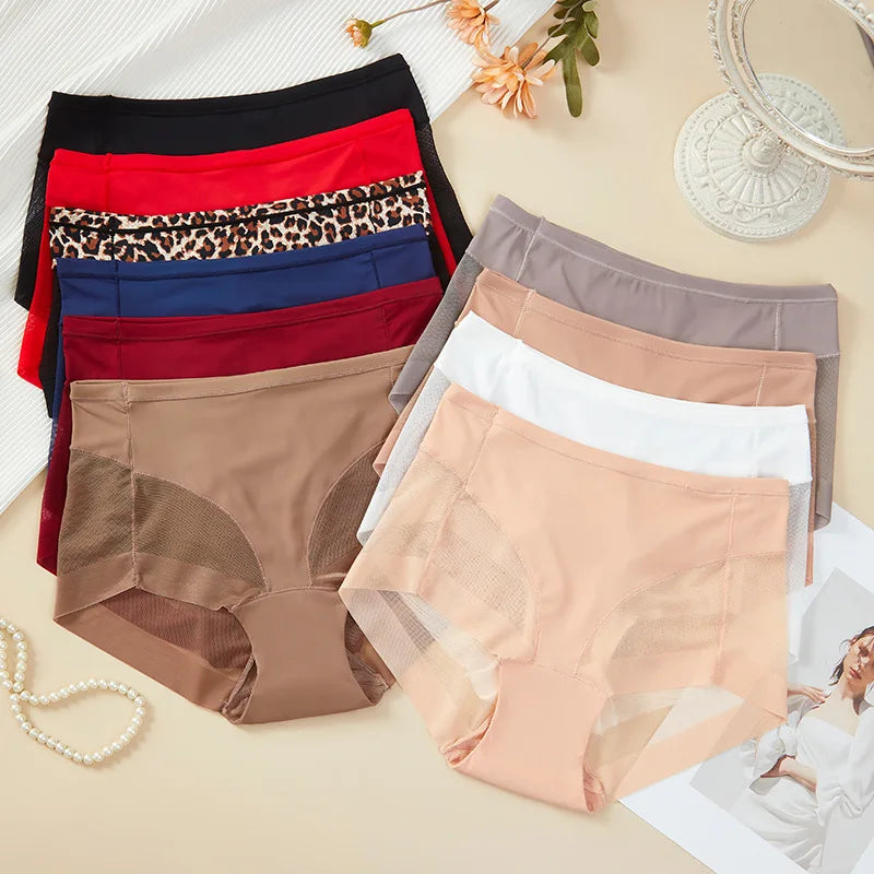 High Waist Women Panties L-4XL Plus Size Seamless Ice Silk Underwear Summer Mesh Breathable Butt Lifter Briefs Leopard Panty