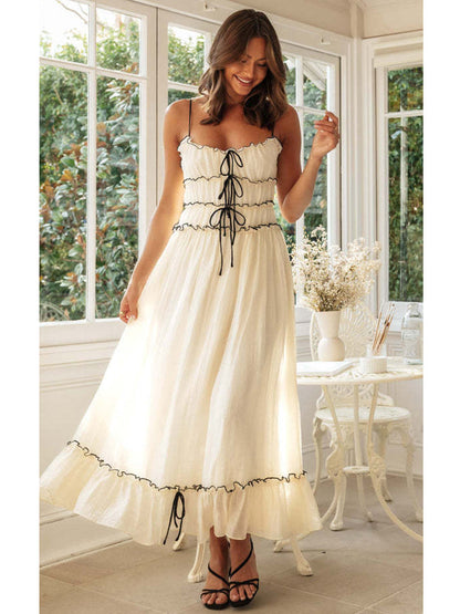 Foridol Spaghetti Strap White Sundress Flounced Edge Women&