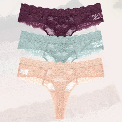 3-Piece Lace Thong Panties for Women – Seamless, Low-Rise Lingerie