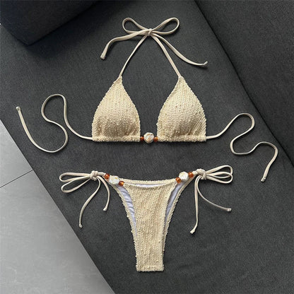 Halter Fishnet Bikini Women Swimwear Female Swimsuit Two-Pieces Bikini Set High Cut Leg Padded Bather Bathing Suit Swim V8339
