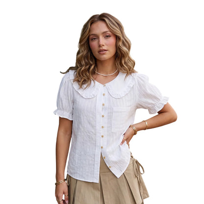 Women Doll Collar Loose Floral/Solid Tops Short Sleeve Button-down Shirts Casual Summer Streetwear