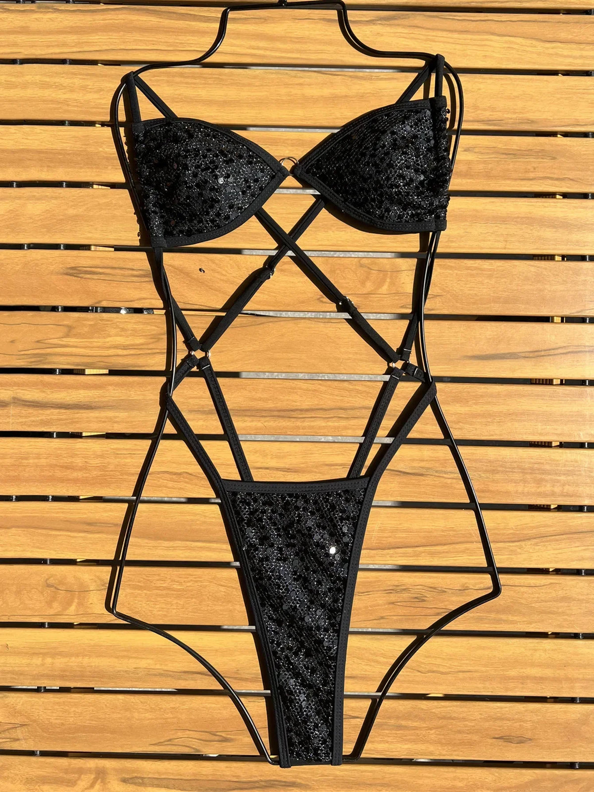 Sexy Glitter Black Sequin Micro Swimsuit One Piece Women&