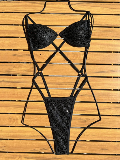 Sexy Glitter Black Sequin Micro Swimsuit One Piece Women&