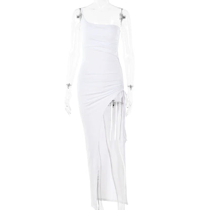 Drawstring High Slit Shoulder Slim Elastic Maxi Bodycon Dress